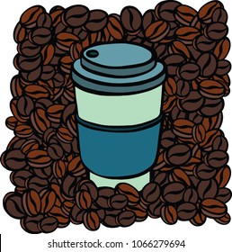 coffee cup with background of coffee beans illustration