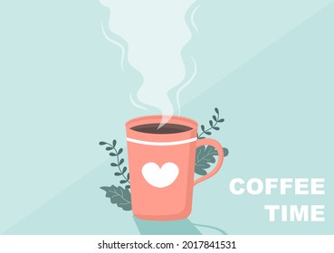 Coffee Cup Background Vector Flat Illustration With Cacao Beans, Grains and Jug. Suitable For Cold Or Hot Drinks