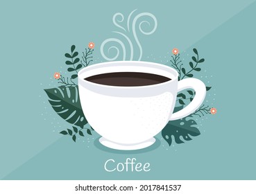 Coffee Cup Background Vector Flat Illustration With Cacao Beans, Grains and Jug. Suitable For Cold Or Hot Drinks