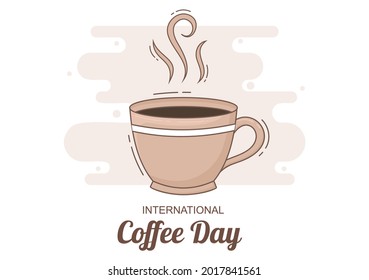 Coffee Cup Background Vector Flat Illustration With Cacao Beans, Grains and Jug. Suitable For Cold Or Hot Drinks