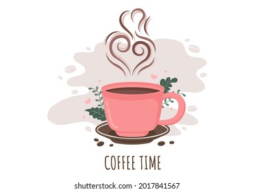 Coffee Cup Background Vector Flat Illustration With Cacao Beans, Grains and Jug. Suitable For Cold Or Hot Drinks