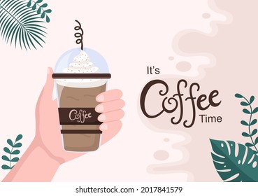 Coffee Cup Background Vector Flat Illustration With Cacao Beans, Grains and Jug. Suitable For Cold Or Hot Drinks