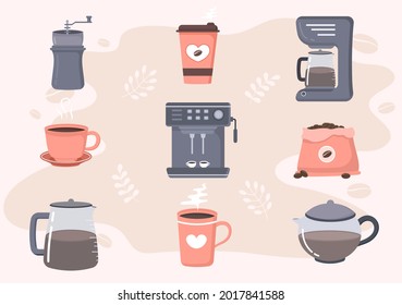 Coffee Cup Background Vector Flat Illustration With Cacao Beans, Grains and Jug. Suitable For Cold Or Hot Drinks