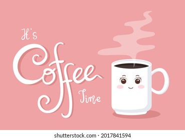 Coffee Cup Background Vector Flat Illustration With Cacao Beans, Grains and Jug. Suitable For Cold Or Hot Drinks