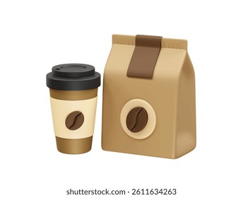 Coffee cup and bag of coffee bean icon 3d illustration. Coffee cup icon 3d render