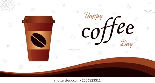 Coffee cup banner, brown background, beverage template for shops, cappuccino, Americano, espresso, mocha, latte