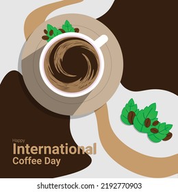coffee cup banner with coffebean and leaves decoration, to commemorate international coffee day