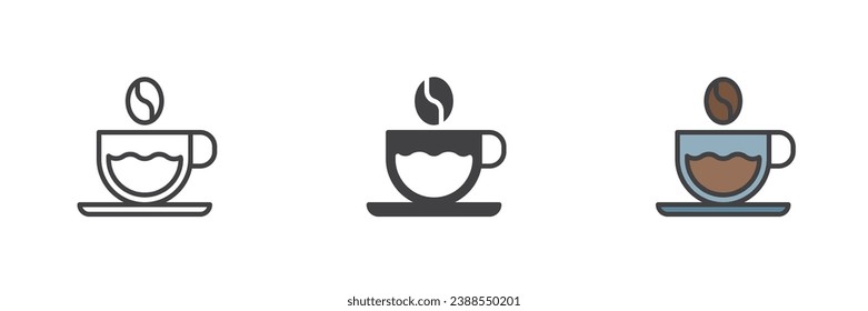 Coffee cup with coffee bean different style icon set. Line, glyph and filled outline colorful version, outline and filled vector sign. Symbol, logo illustration. Vector graphics