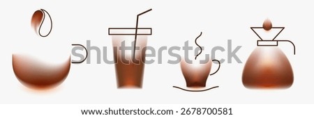Coffee cup, bean, espresso mug, filter. Set graphic element for cafe, design beverage, restaurant. Creative minimal composition with gradient blurred and line elements. Collection vector illustration.