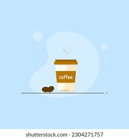 Coffee cup and coffee bean flat design for logo, menu, brochure, cover or decoration. Breakfast beverage for power up and active.