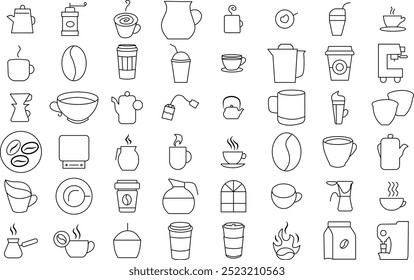 coffee cup and bean Icon set for logo and T-Shirt. Thin Line Editable stroke.