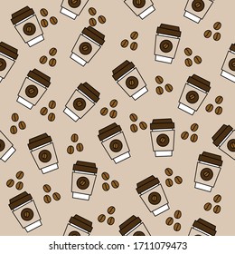 Coffee cup and coffee bean illustration seamless pattern on light brown background