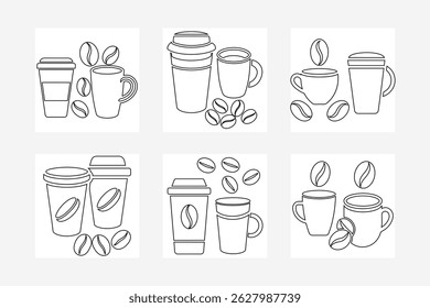 Coffee Cup and Bean Illustrations Line Art Designs for Cafe Menus and Branding