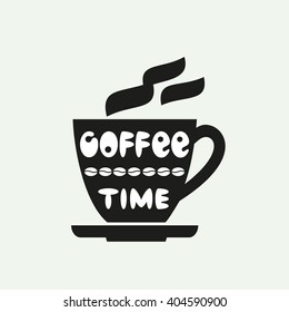 Coffee cup bean isolated. Freehand drawn fancy letters. Time break sticker. Espresso, cappuccino sign. Cafe, bar decorative emblem background. Vector decaffeinated drink symbol. Graphic label element