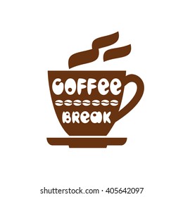 Coffee cup bean isolated. Freehand drawn fancy letters. Time break concept. Espresso, cappuccino sign. Cafe bar decorative emblem background. Vector decaffeinated drink symbol. Graphic sticker element