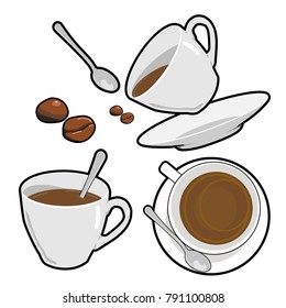 Coffee cup and bean  isolated on white. Top view and side view 