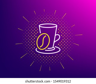 Coffee cup with bean line icon. Halftone pattern. Hot latte sign. Tea drink mug symbol. Gradient background. Coffee cup line icon. Yellow halftone pattern. Vector