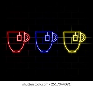 Taza de café con el icono de la línea del grano. Luces láser de neón. Signo de latte caliente. Símbolo de taza de bebida de té. Burbuja de discurso láser brillante. Burbuja de chat de luces de neón. Insignia de Anuncio con icono de taza de café. Vector