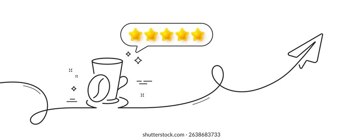 Coffee cup with bean line icon. Continuous line with share plane. Hot latte sign. Tea drink mug symbol. Five star rate review in speech bubble. Coffee cup single line ribbon. Vector