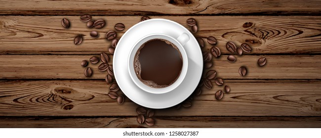 Coffee cup with Coffee bean on wooden background. Vector illustration.