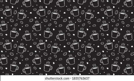 Coffee cup and Coffee bean pattern wallpaper. Coffee bean doodle symbol.