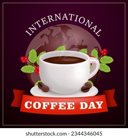 Coffee cup with coffee bean and coffee plant decoration, with earth background in 3d vector. Suitable for banners, posters, greeting cards