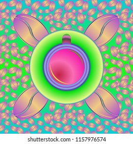 Coffee cup with bean seamless pattern background. Coffees seeds background.