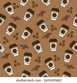 Coffee cup and coffee bean seamless pattern on brown background