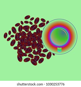 Coffee cup with coffee bean or seeds.