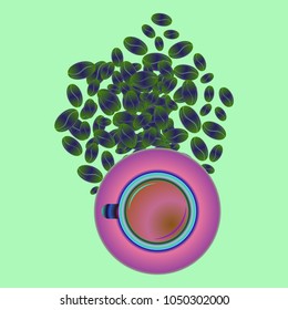 Coffee cup with coffee bean or seeds.