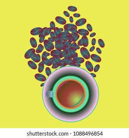Coffee cup with coffee bean or seeds.