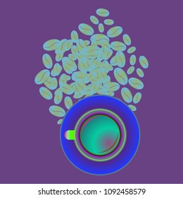 Coffee cup with coffee bean or seeds.