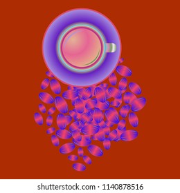 Coffee cup with coffee bean or seeds.