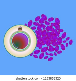 Coffee cup with coffee bean or seeds.