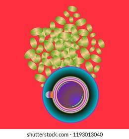 Coffee cup with coffee bean or seeds.