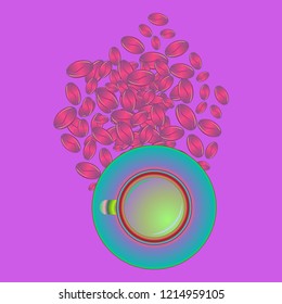 Coffee cup with coffee bean or seeds.