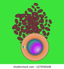 Coffee cup with coffee bean or seeds.