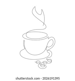 Kaffeetasse mit Kaffeebohnen, Linie, durchgehende Kontur einzeln auf weißem Hintergrund. Vektorgrafik.
