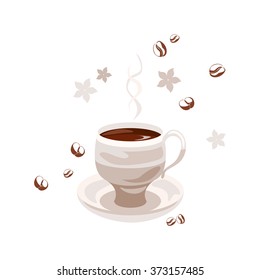 Coffee cup and beans. Abstract cup of hot coffee with steam, brown beans and decorative flowers composition. White background. Vector is EPS8.