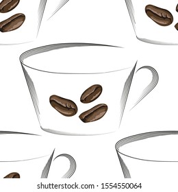 Coffee cup, beans. Abstract coffee cup for print design. Seamless background pattern. Seamless vector texture
