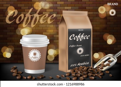 coffee cup with beans ads. 3d illustration of hot arabica coffee. Product paper bag package design with brick background. Vector