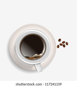 Coffee cup and beans aerial view isolated on white background