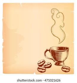 Coffee cup and beans, background template.