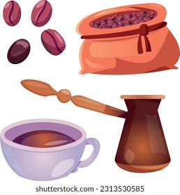 Coffee cup, beans, bag of coffee beans Turkish coffee pot. Cartoon illustrations set for coffee shop. 