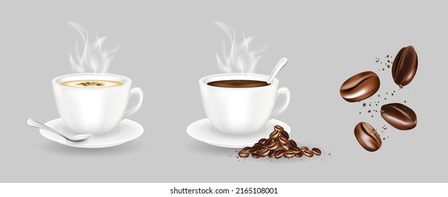  coffee cup with beans. Coffee Bean falling, 3d illustration.