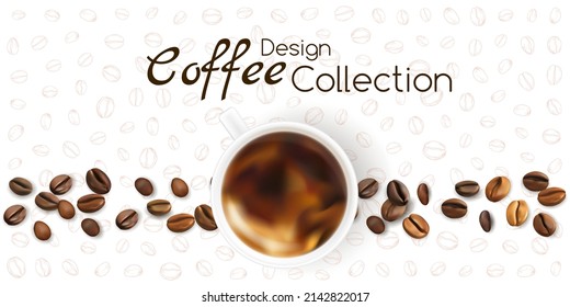 Coffee cup with coffee beans border on the white background.