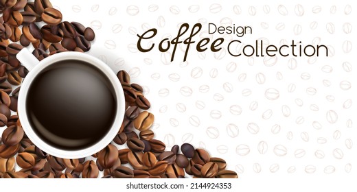 Coffee cup with coffee beans border on the white background.