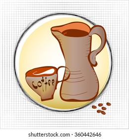 Coffee cup, beans and carafe