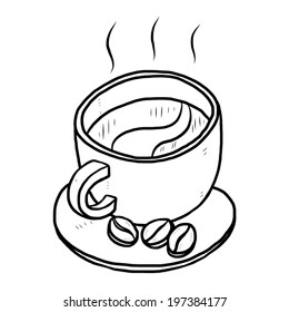coffee cup and beans / cartoon vector and illustration, black and white, hand drawn, sketch style, isolated on white background.