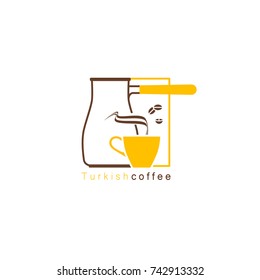 Coffee cup, beans, cezve. Vector linear icon.